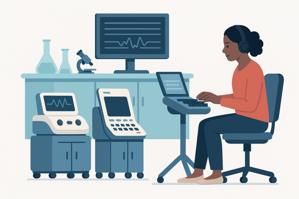 Stenographer in a lab types on a steno machine beside medical devices and monitors.