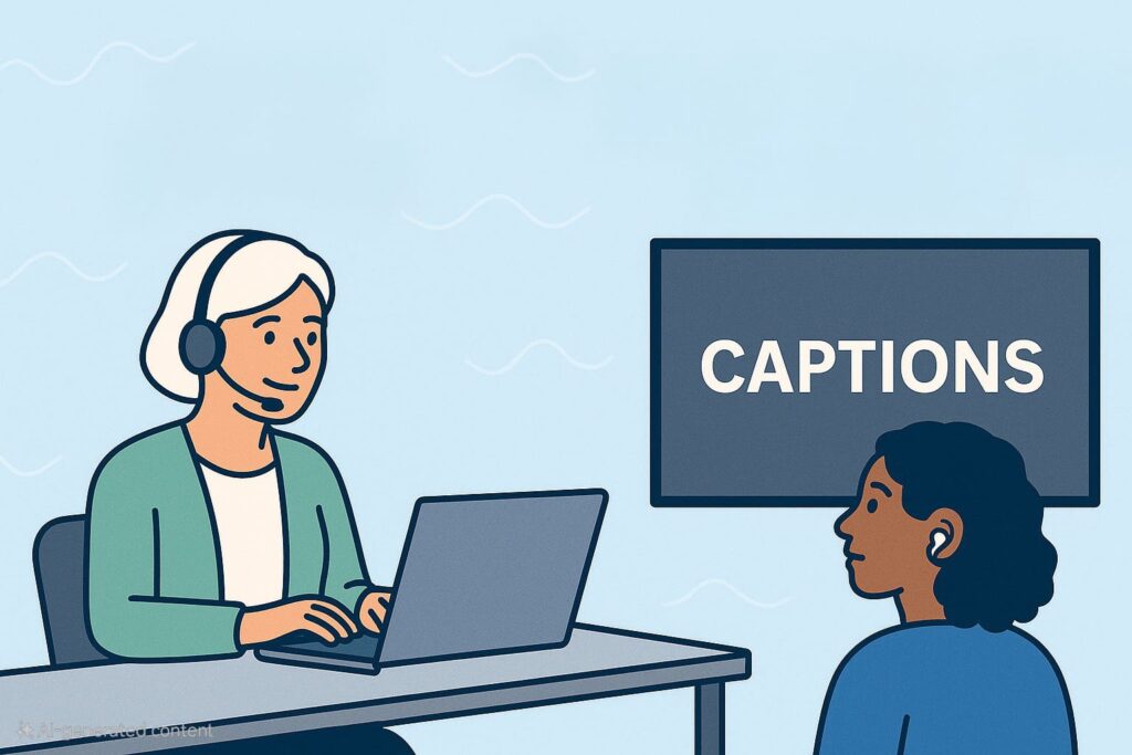 CART provider at a laptop with headset; nearby screen shows captions; attendee with hearing aid reads along.