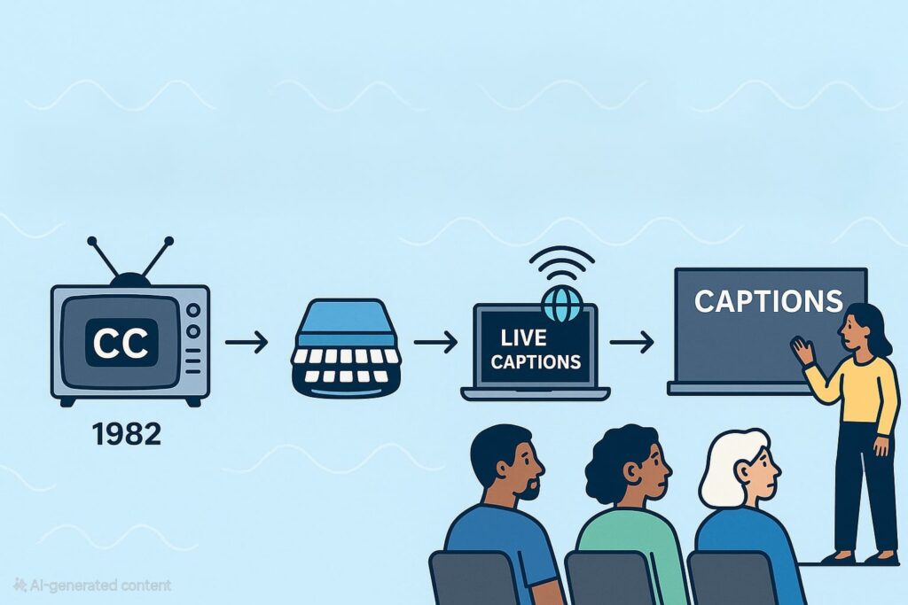 Timeline showing evolution from closed captions (1982) to stenotype, laptop live captions, and classroom display.
