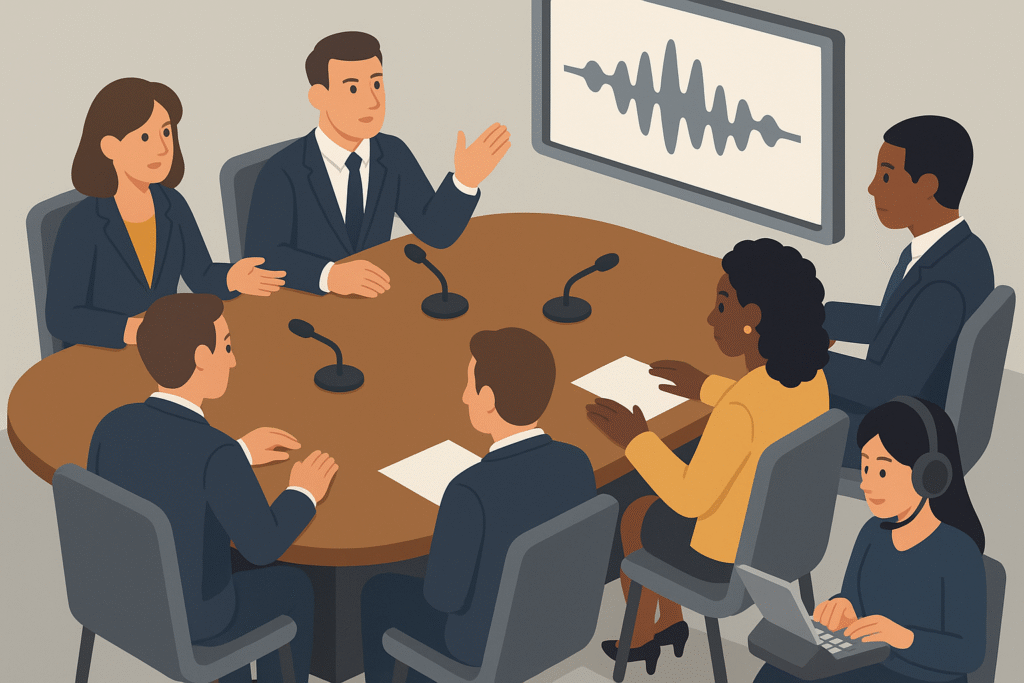 Diverse team meets around a conference table as a captioner types; meeting audio is routed to screens and tabletop mics.
