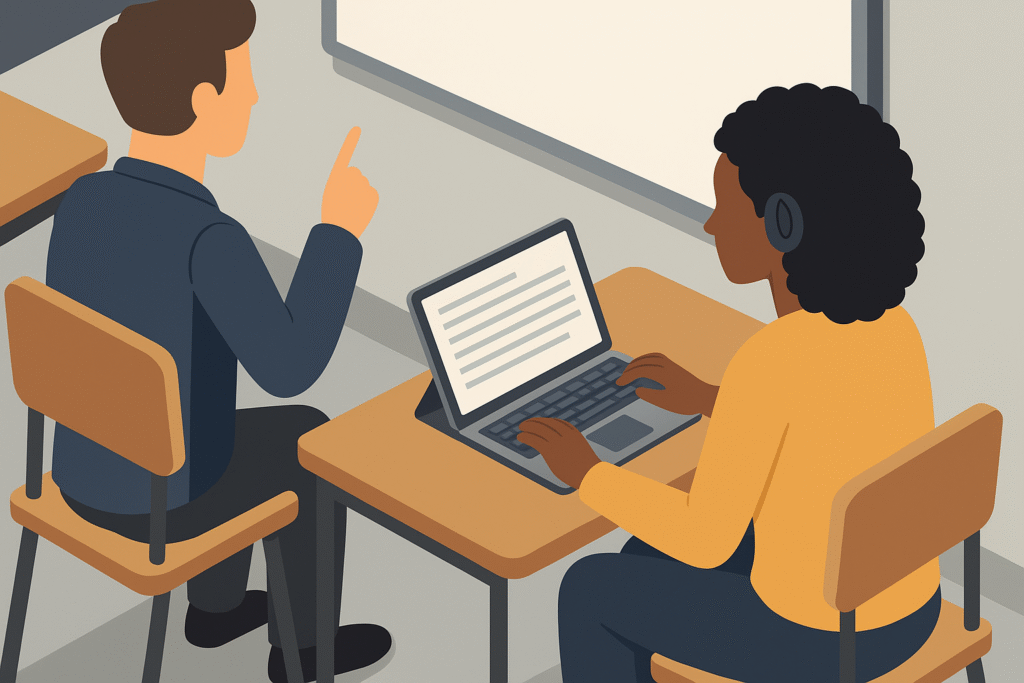 Student follows a lecture while reading live captions on a laptop; instructor gestures at a whiteboard in a modern classroom.