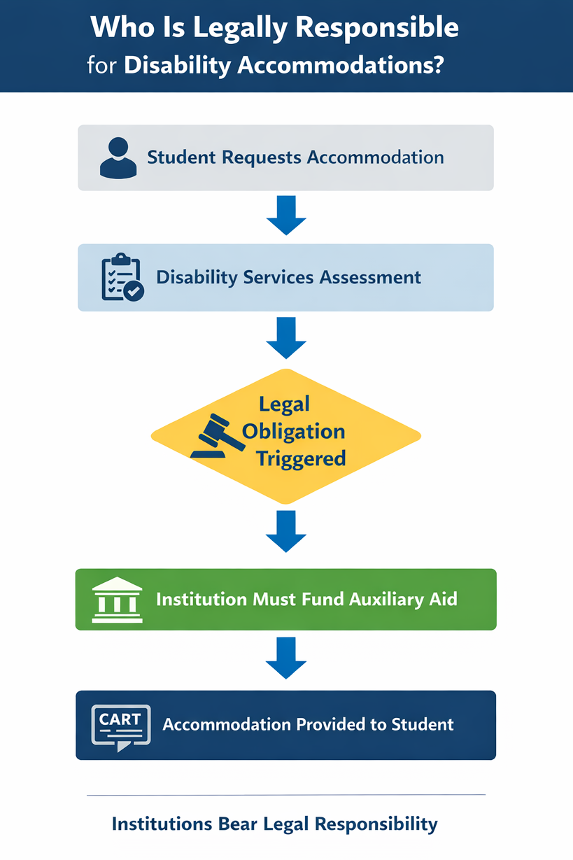 Flowchart titled “Who Is Legally Responsible for Disability Accommodations?” showing the sequence: student requests accommodation, disability services assessment, legal obligation triggered, institution must fund auxiliary aid, accommodation provided to student, concluding that institutions bear legal responsibility.