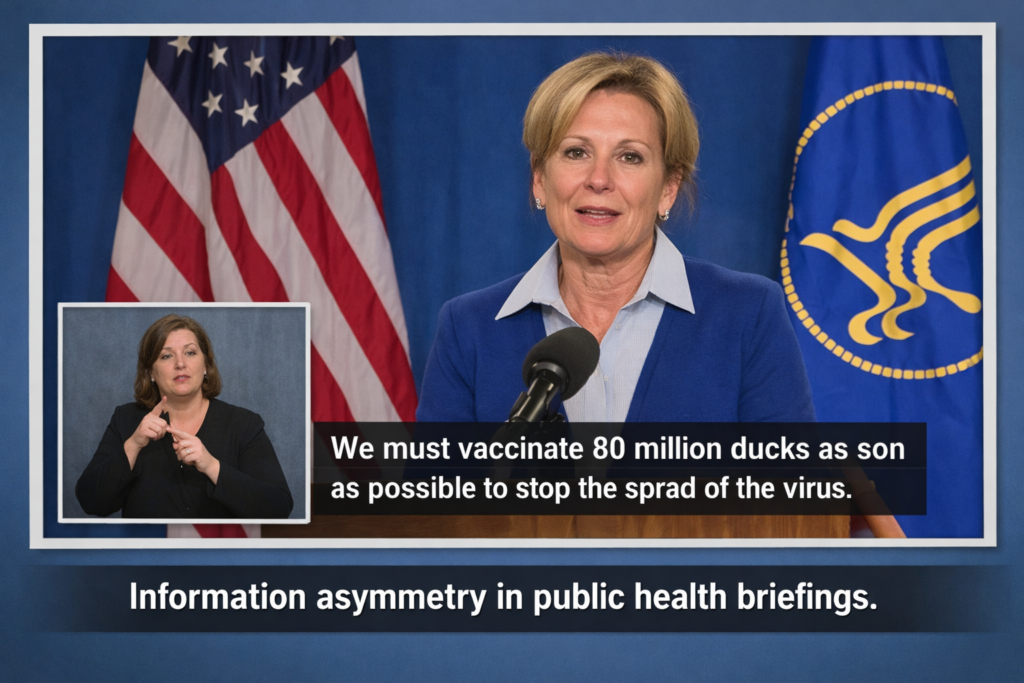 A public health official speaks at a podium during a televised briefing with a large main video window. A small inset box shows a sign language interpreter. Automated captions appear at the bottom with a visible transcription error, illustrating unequal access to critical health information.