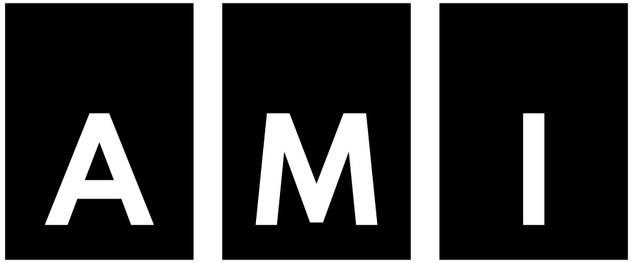 Black background with large white letters spelling “AMI,” representing Accessible Media Inc.