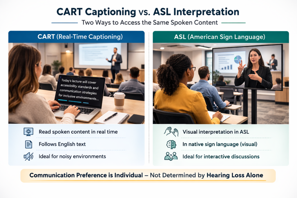 Split screen comparison graphic showing a student reading real time CART captions on a laptop during a university lecture on the left, and another student watching an ASL interpreter signing the same lecture on the right.