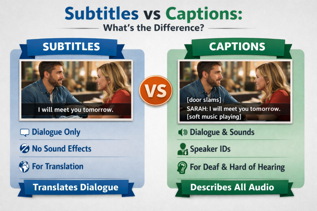 Infographic comparing subtitles and captions. The left side labeled "Subtitles" shows dialogue text only: "I will meet you tomorrow." The right side labeled "Captions" includes dialogue plus audio descriptions such as "[door slams]" and "[soft music playing]" and identifies the speaker as Sarah. The graphic highlights that subtitles translate dialogue while captions describe all audio for deaf and hard of hearing viewers.