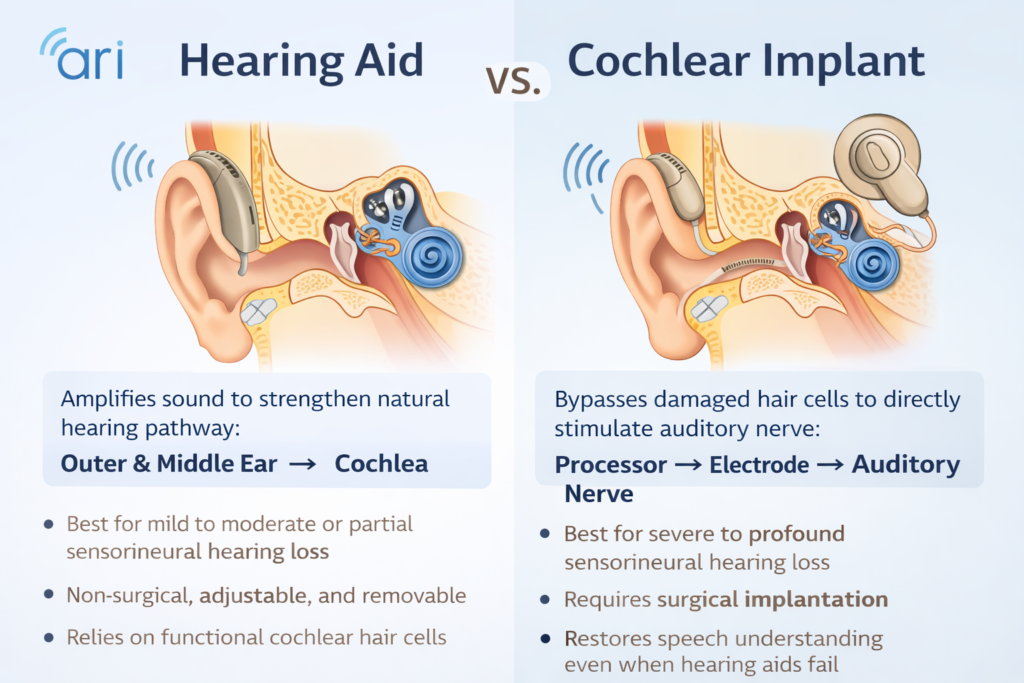 Infographic comparing hearing aids and cochlear implants showing how hearing aids amplify sound through the natural ear pathway while cochlear implants bypass damaged hair cells to stimulate the auditory nerve.