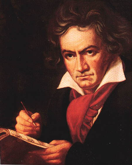 Portrait painting of Ludwig van Beethoven writing music while holding a manuscript.