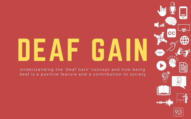 Red background with large yellow text reading “Deaf Gain,” accompanied by icons representing communication, hearing, captions, and media accessibility.