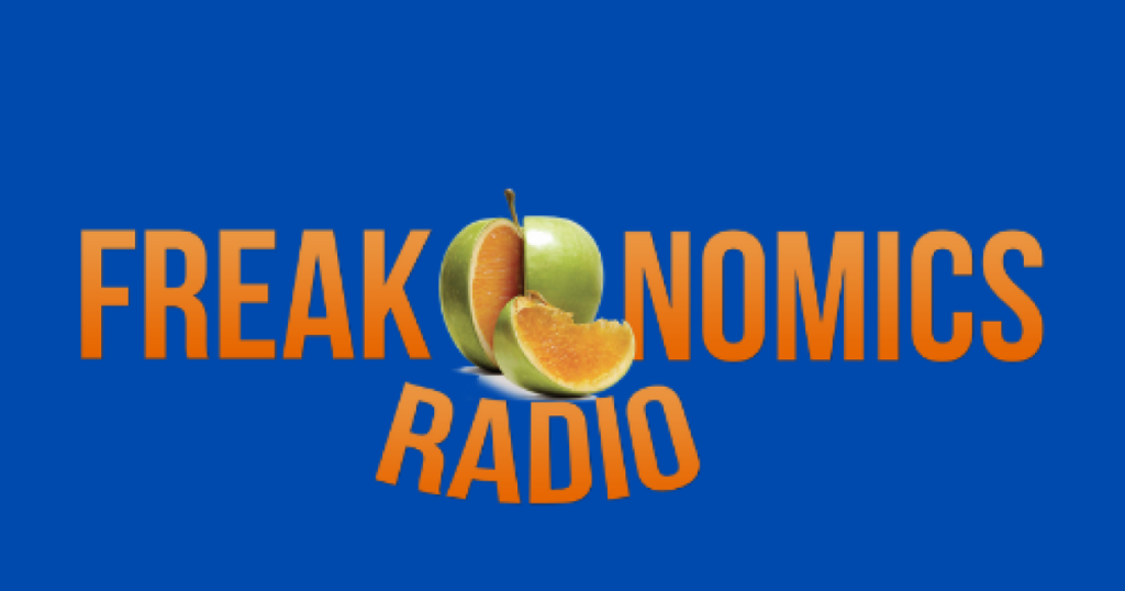 Blue background with orange text reading “Freakonomics Radio” and a sliced apple graphic in the center.