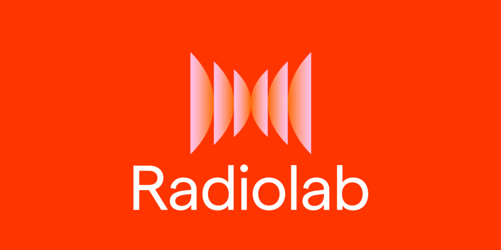 Orange background with white text reading “Radiolab” and a stylized abstract soundwave icon above the title.