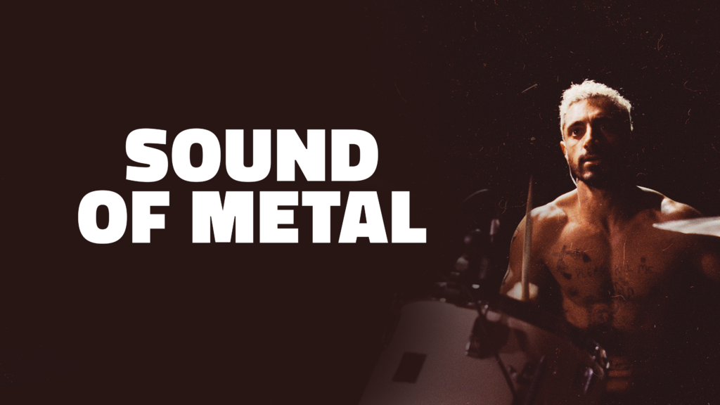 Promotional poster for the film Sound of Metal showing a drummer performing while experiencing progressive hearing loss.