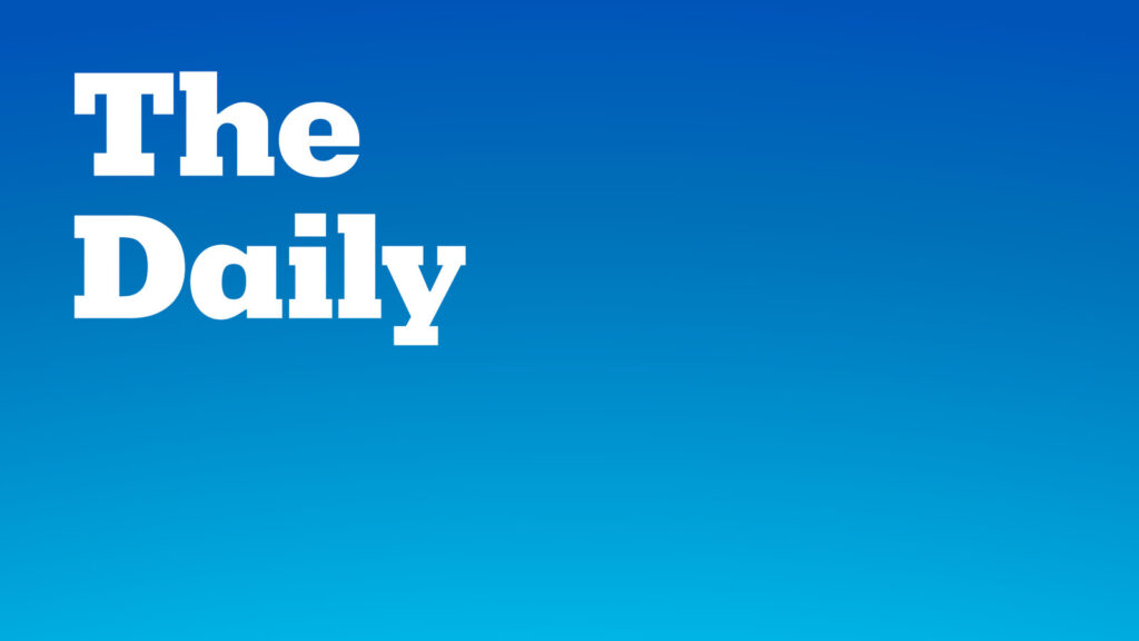 Blue background with large white text reading “The Daily,” representing The New York Times podcast cover art.