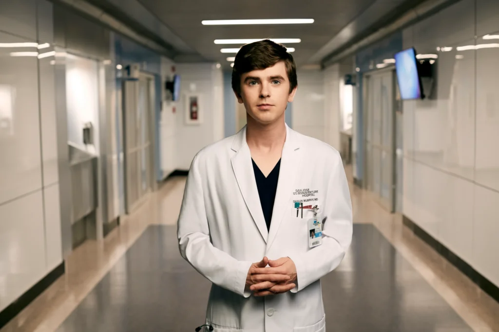 Scene from The Good Doctor showing a young male surgeon standing in a hospital hallway wearing a white lab coat.